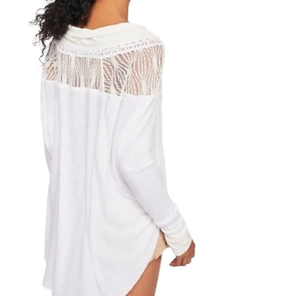 Free People Spring Valley Thermal Tee Lace Inset Oversized Raw Hem Size Small